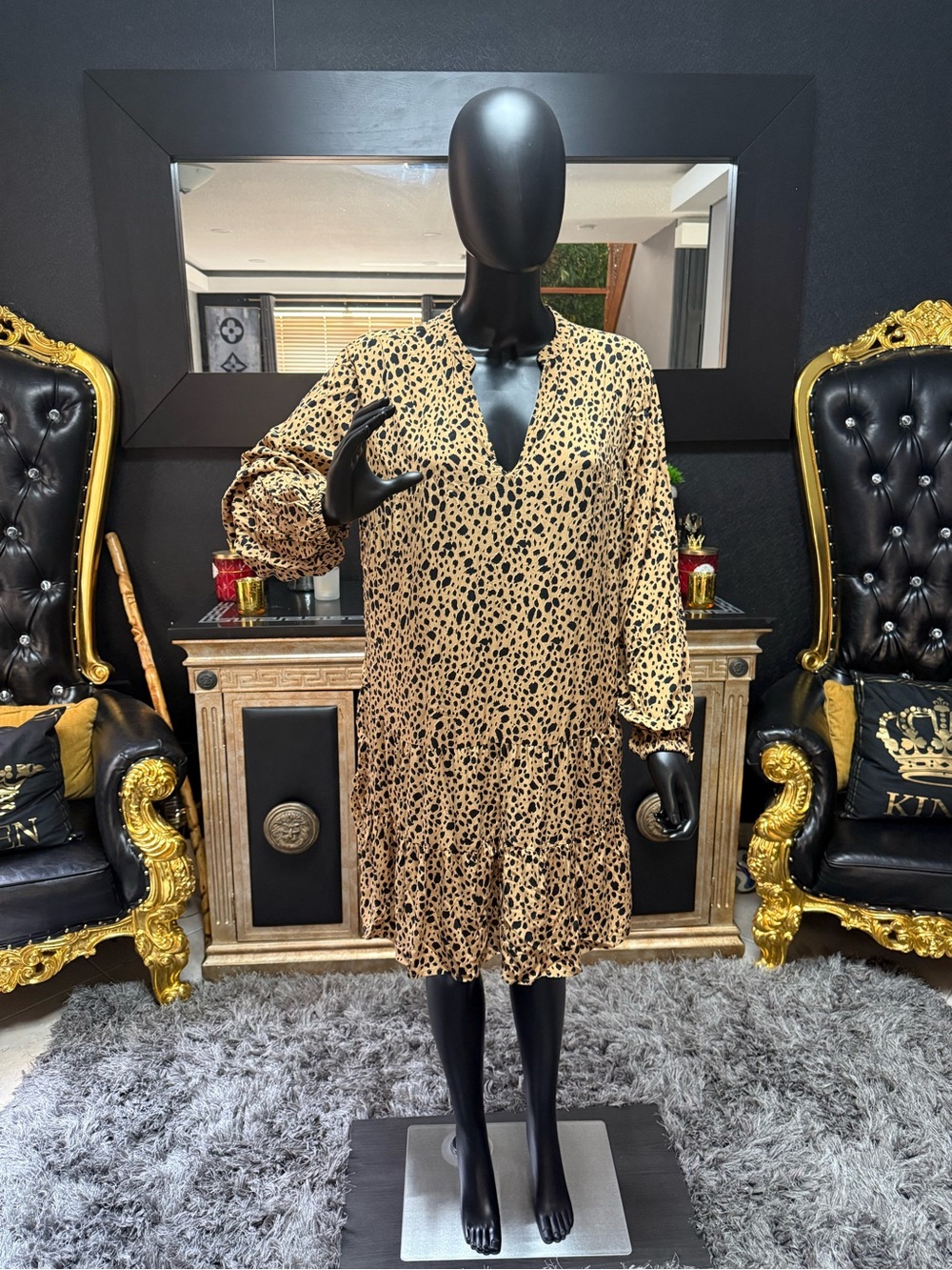 GAP Beige and Black Leopard Print Long Sleeve V-Neck Dress
